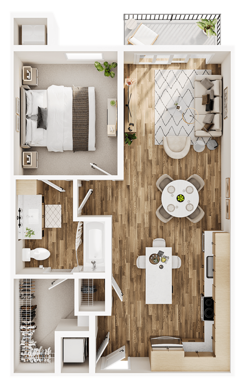Floor plan for 1 bed, 1 bath, 729 sqft